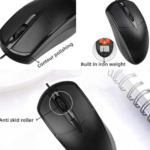 Mouse óptico alámbrico negro, acabado pulido, rueda antideslizante y peso interno.