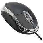 Mouse óptico alámbrico color negro con detalles transparentes, scroll estriado y cable USB conectado, diseñado para control fluido.