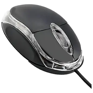 Mouse óptico alámbrico color negro con detalles transparentes, scroll estriado y cable USB conectado, diseñado para control fluido.