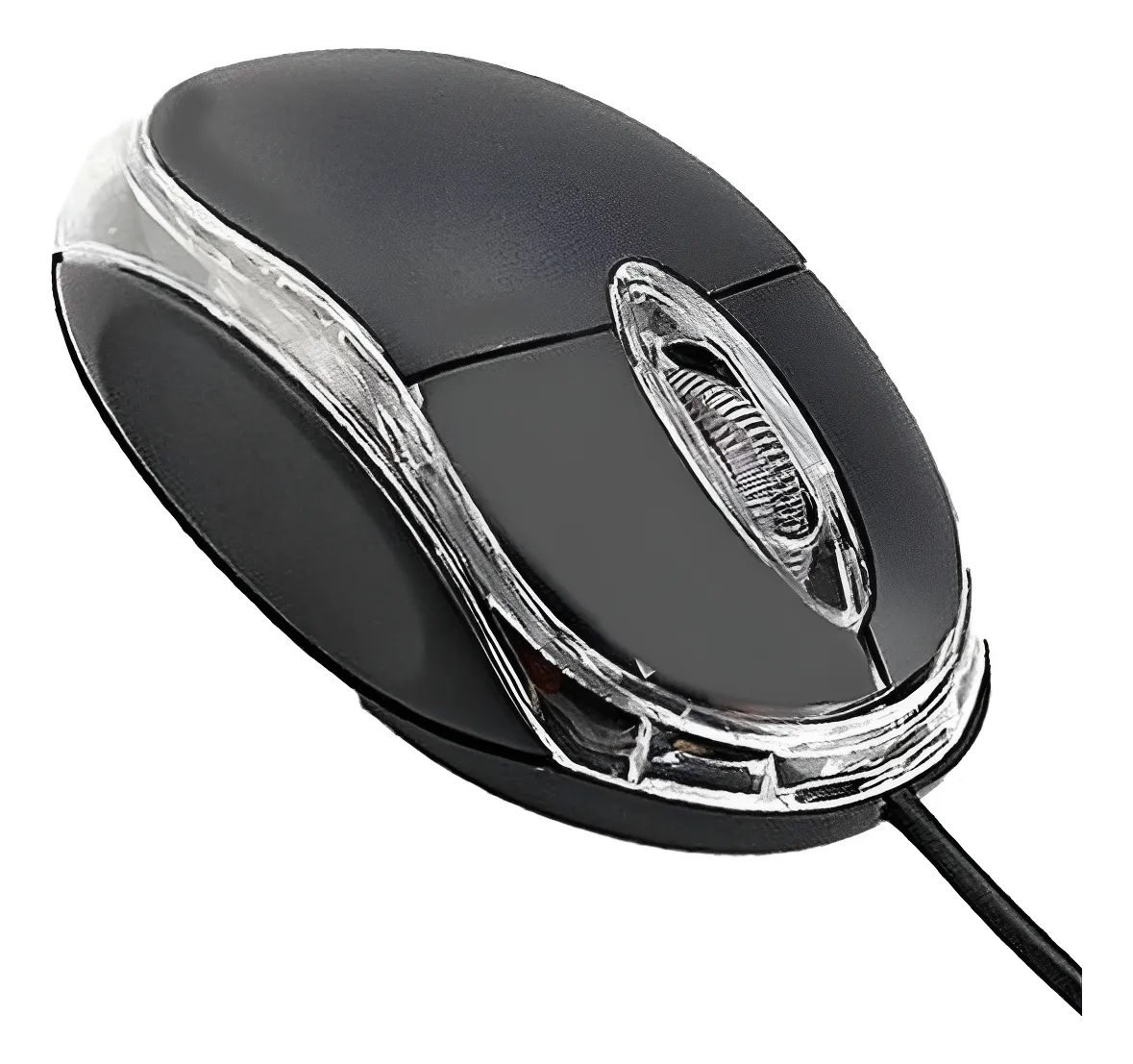 Mouse óptico alámbrico color negro con detalles transparentes, scroll estriado y cable USB conectado, diseñado para control fluido.