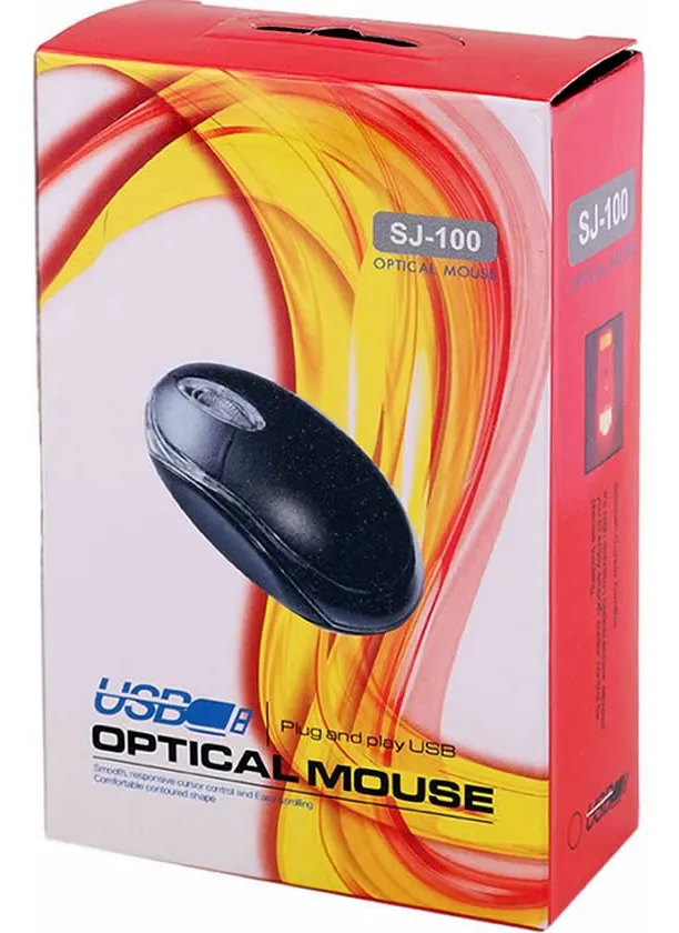 Caja roja y blanca de mouse óptico USB SJ-100 con diseño curvo negro y brillante, modelo alámbrico para control fluido.