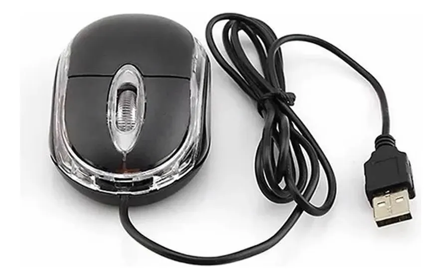 Mouse óptico negro con cable USB y conector estándar enrollado, diseño compacto y bordes translúcidos iluminados.
