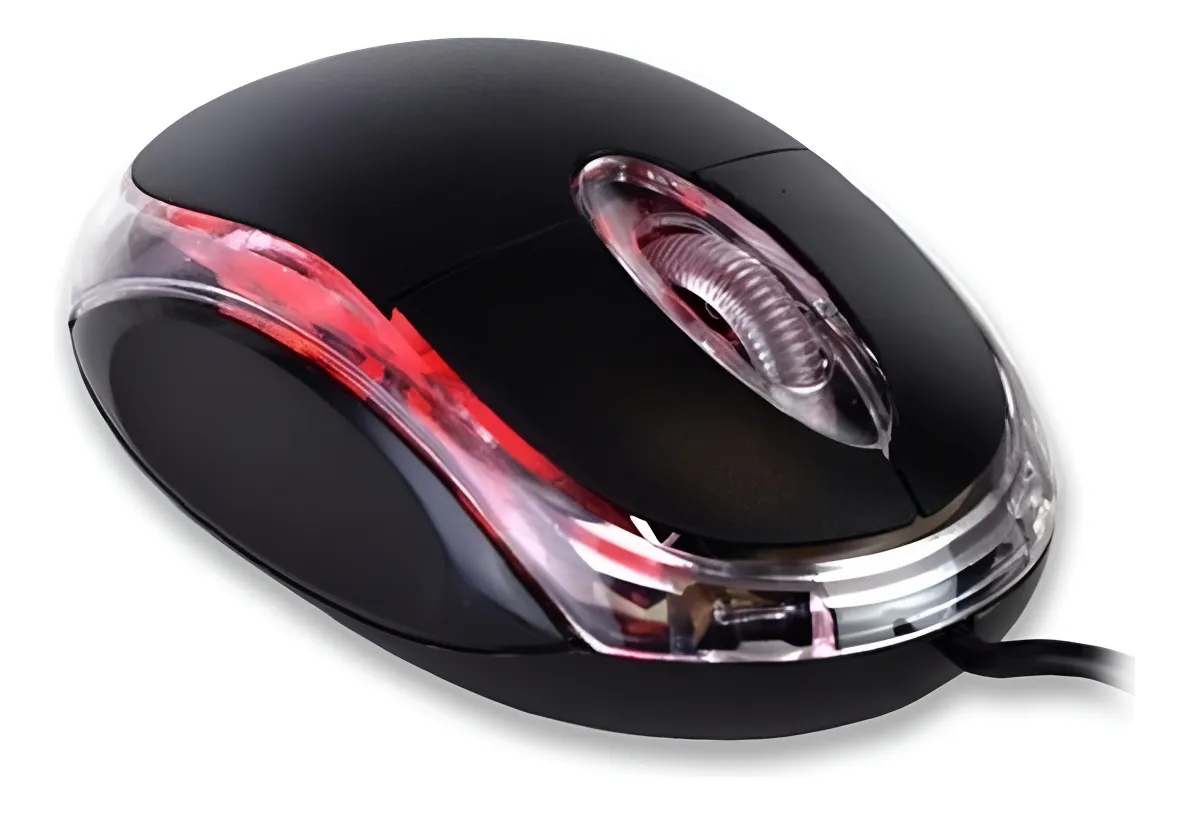 Mouse óptico negro con cable USB y diseño ergonómico, luz roja lateral y rueda scroll transparente iluminada sobre fondo blanco.