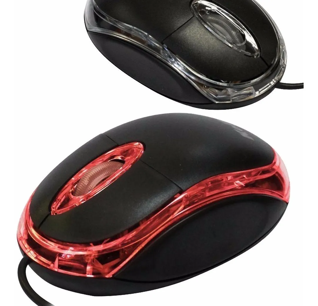 Set de dos mouse ópticos con cable USB Sj100, uno con detalles transparentes y otro con iluminación LED roja visible.