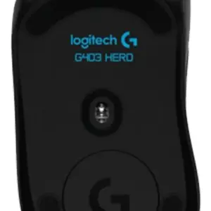 Mouse gamer negro Logitech G403 HERO con cable, visto desde la parte inferior para mostrar el sensor óptico y las almohadillas deslizantes.