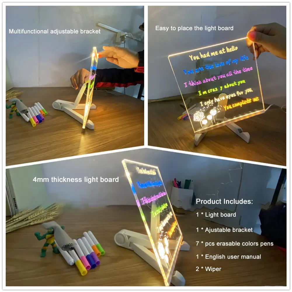 Tablero led de acrílico de 4mm con base ajustable, incluye siete marcadores borrables y dos paños para notas luminosas personalizadas sobre escritorio.