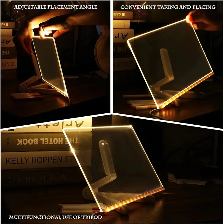 Tablero led de acrílico transparente con base ajustable, emite luz cálida para resaltar notas y dibujos, incluye cable de conexión y diseño plegable.