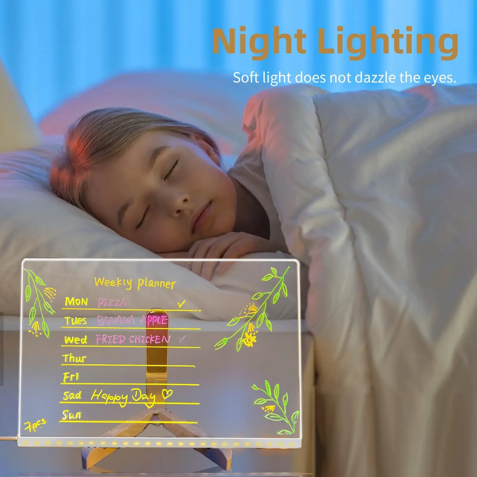 Tablero led de acrílico transparente con base, mostrando un planificador semanal escrito con marcadores fluorescentes junto a una niña durmiendo.