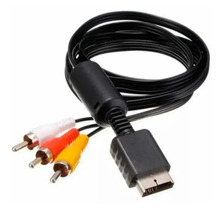 Cable AV para PlayStation 2, color negro, con un conector multipin para consola en un extremo y tres conectores RCA (blanco, rojo y amarillo) en el otro