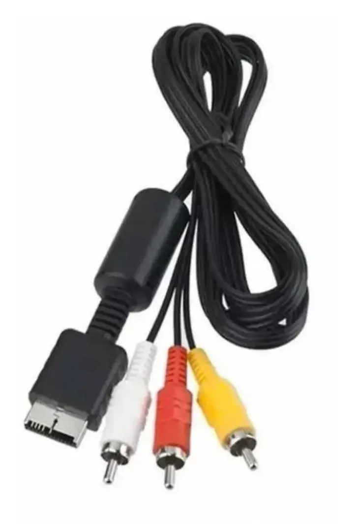 Cable AV con conector multi-out para consola y tres salidas RCA de colores blanco, rojo y amarillo con núcleo magnético cilíndrico.