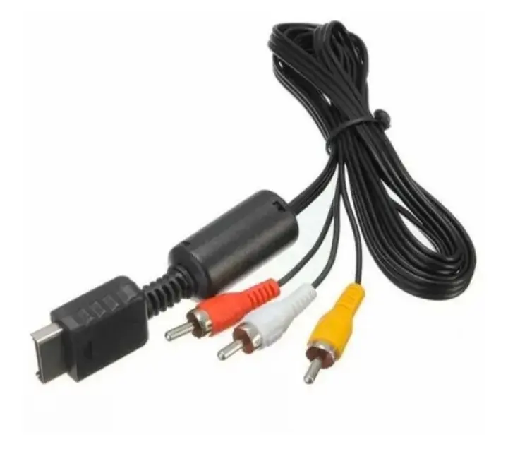 Cable AV de audio y video con conector para consola y tres terminales RCA en colores rojo, blanco y amarillo con cilindro protector negro.