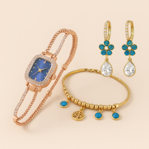 Set de reloj esfera azul pulsera y pendientes dorados con cristales - Eleva tu estilo diario con elegancia atemporal