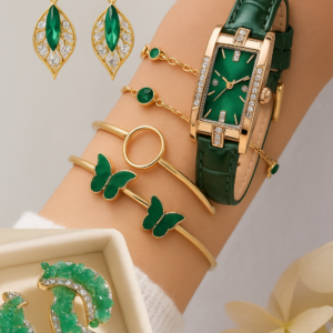 Set de joyería y reloj para mujer con piezas en tono verde esmeralda: incluye aretes colgantes, brazaletes con mariposas y reloj de pulsera con correa.