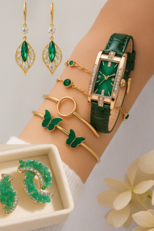 Set de joyería y reloj verde esmeralda para mujer - Eleva tu estilo diario con elegancia