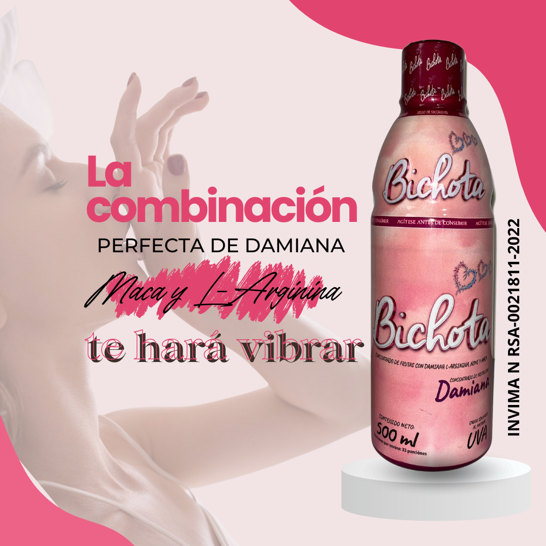 Botella cilíndrica de 500 ml con líquido rosado, etiqueta con texto "Bichota" y corazones, sobre fondo claro con mujer de perfil.