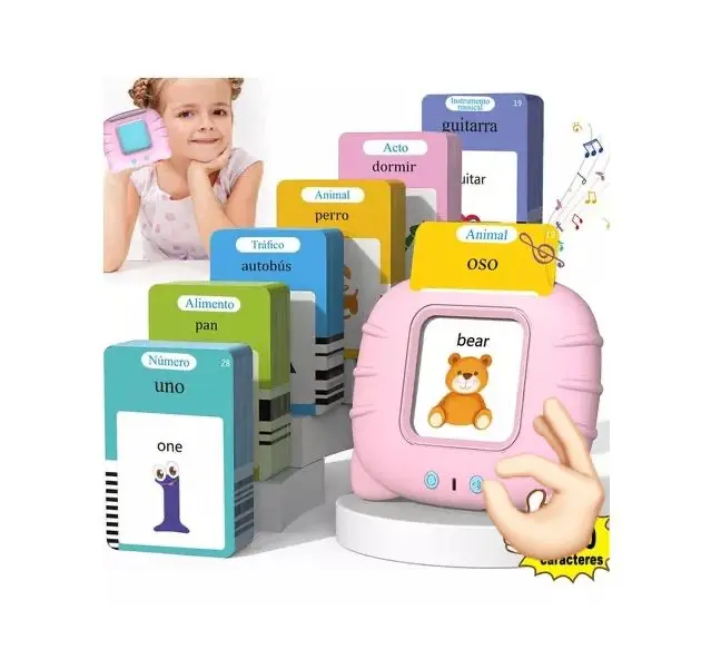 Lector de tarjetas educativo bilingüe color rosa con pantalla, incluye tarjetas didácticas de animales, números y objetos para estimular el aprendizaje.