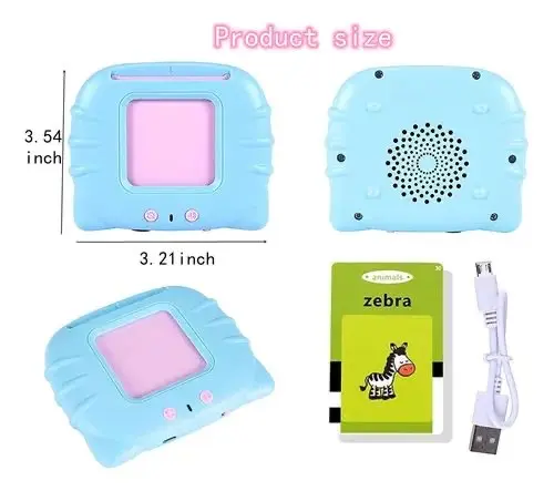 Lector de tarjetas azul con pantalla rosa de 3.54 x 3.21 pulgadas, incluye tarjeta educativa de cebra y cable de carga USB blanco.