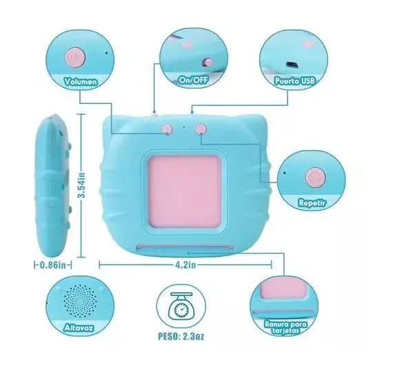 Lector de tarjetas educativo bilingüe azul con forma de gato, medidas 4.2x3.54x0.86 pulgadas, con botones de volumen, repetición, USB y ranura de lectura.