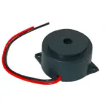 Zumbador electrónico negro de 12V para control de acceso, con base de montaje y cables rojo y negro integrados para conexión.