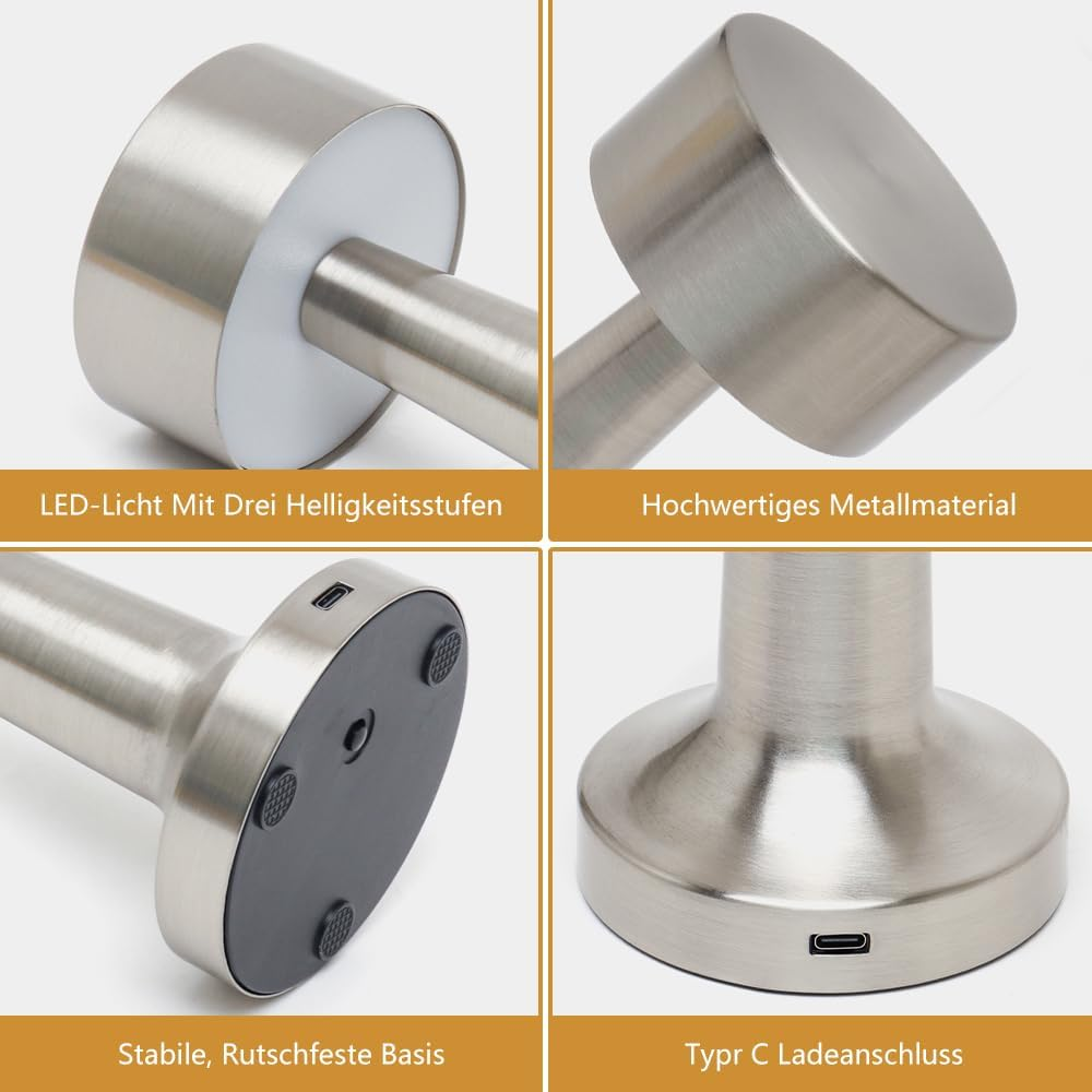 Lámpara LED táctil recargable de metal cepillado plateado, con base antideslizante, puerto USB tipo C y tres niveles de intensidad.
