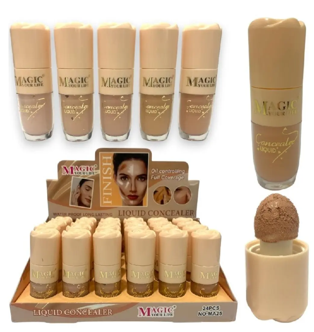 Corrector líquido Magic con alta cobertura, set de cinco tonos en exhibidor con aplicador de esponja integrado.