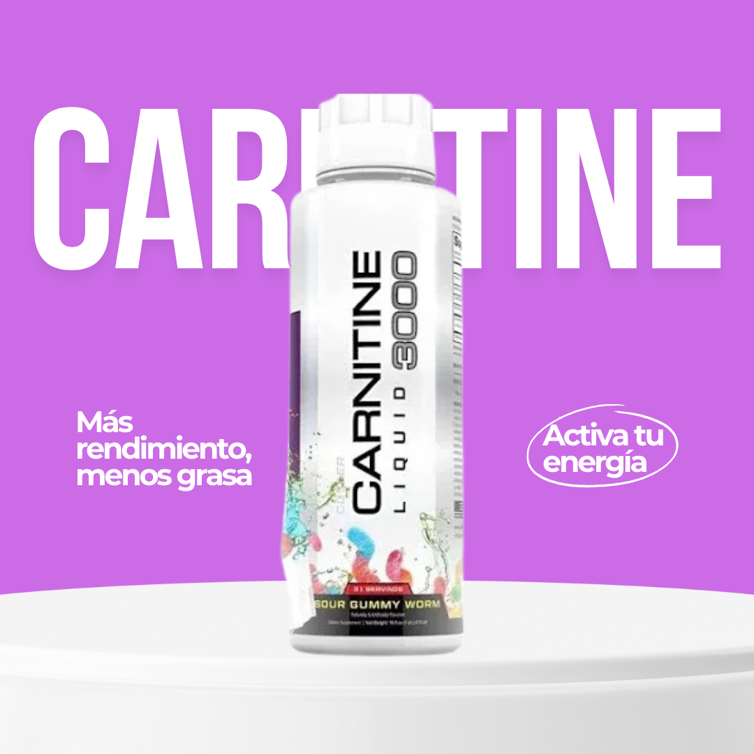 Suplemento Carnitine Liquid 3000 sabor Sour Gummy Worm en botella blanca sobre pedestal con fondo morado y mensajes de energía.