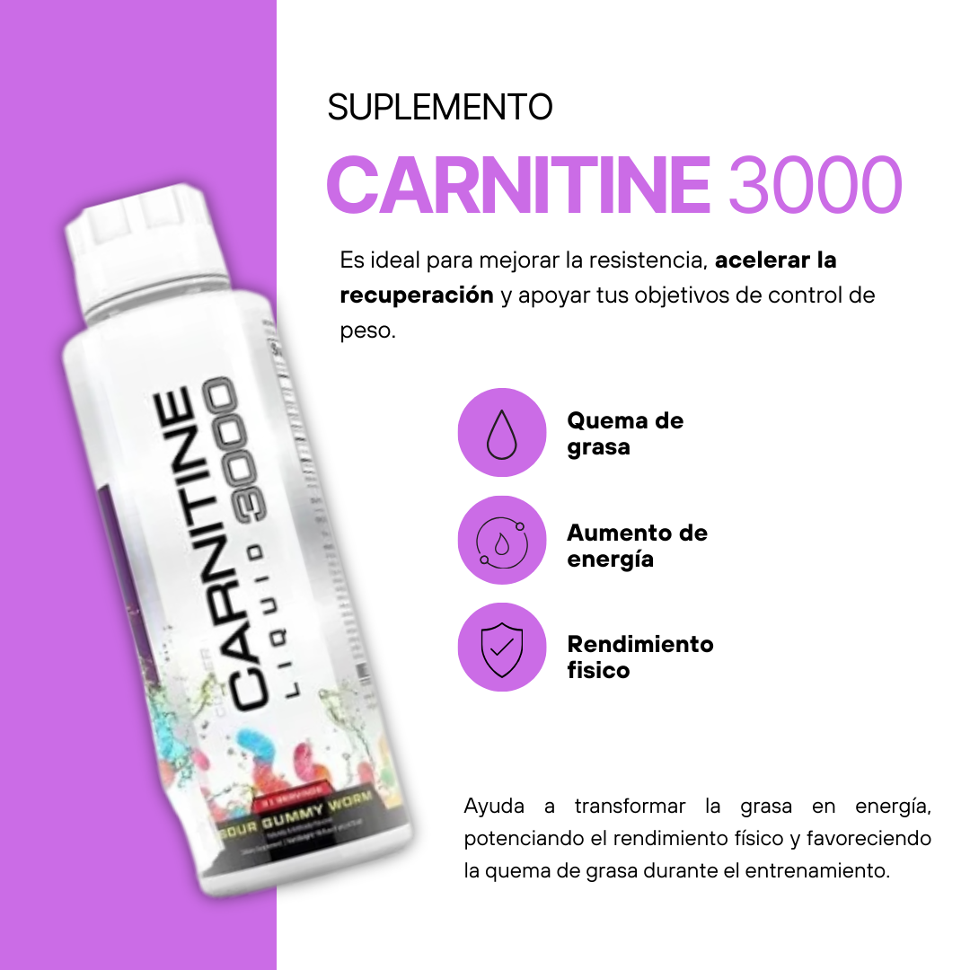 Suplemento líquido Carnitina 3000 en envase blanco con detalles coloridos, para quema de grasa, aumento de energía y rendimiento físico.