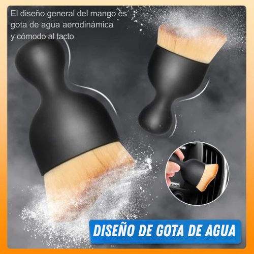 Brocha para polvo de carro en color negro mate con cerdas suaves de microfibra, mango ergonómico en forma de gota de agua y uso en rejillas de aire.