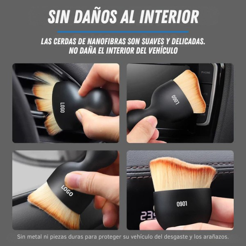 Brocha negra de cerdas suaves de microfibra para limpiar rejillas de aire y tablero de carro sin rayar superficies delicadas.