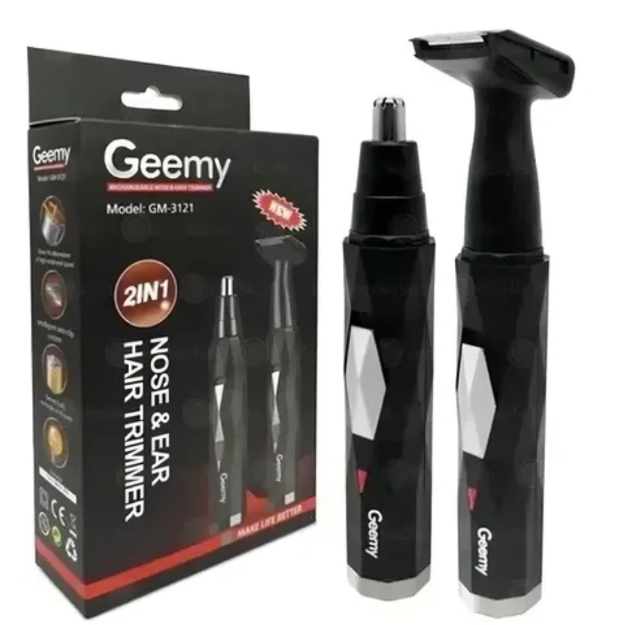 Set Geemy GM 3121 negro de dos piezas con cabezal rotatorio para nariz y orejas y cabezal ancho para vello facial, junto a su caja de empaque.
