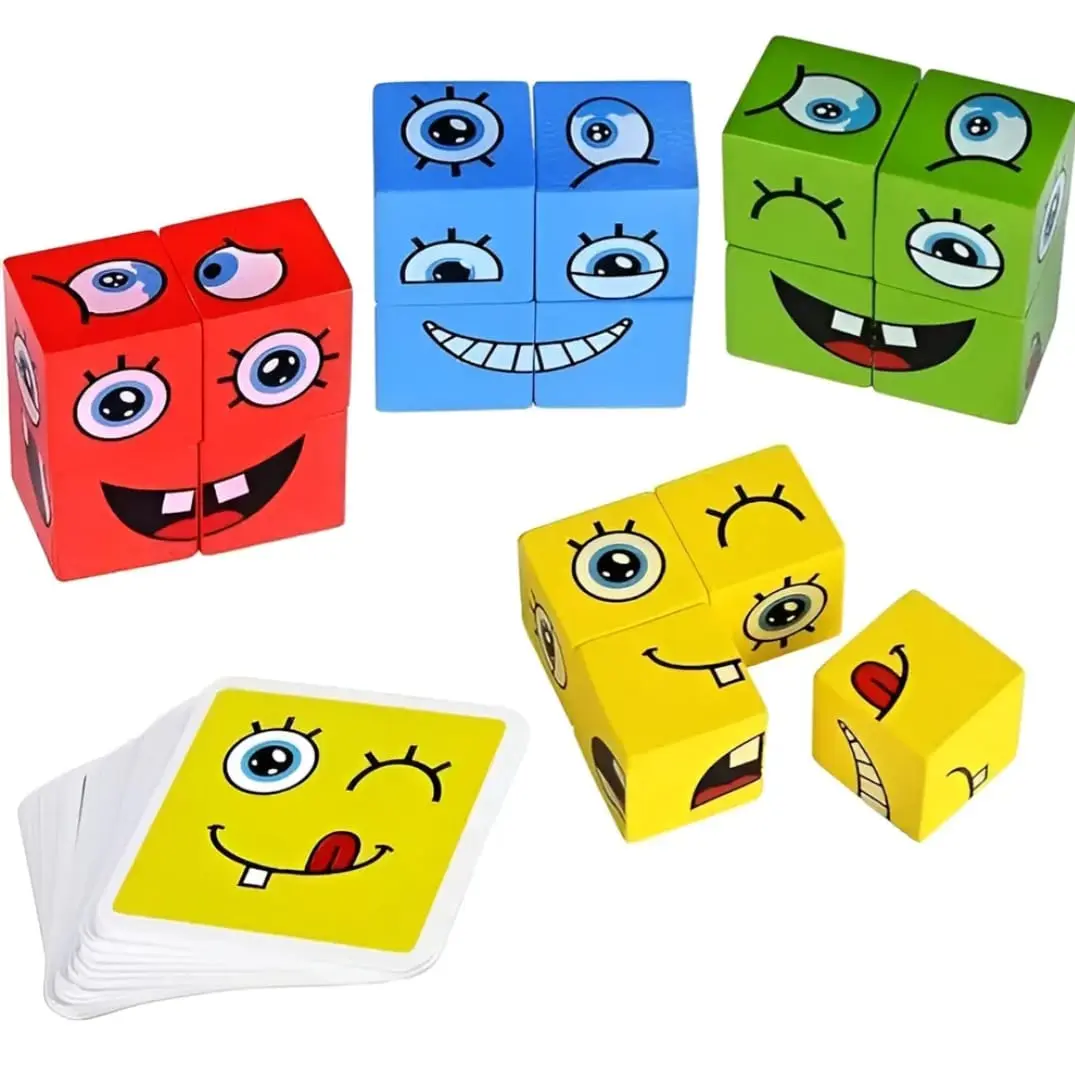Set x4 cubos educativos de madera multicolor con rostros magnéticos y expresiones faciales variadas, acompañado de mazo de cartas con retos de gestos.