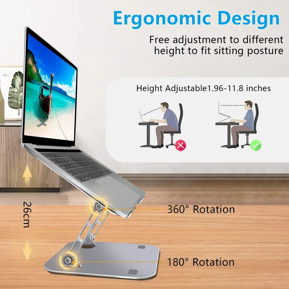 Base metálica portátil de aluminio plateado para laptop con altura ajustable hasta 26 cm, rotación de 360 grados y diseño ergonómico.