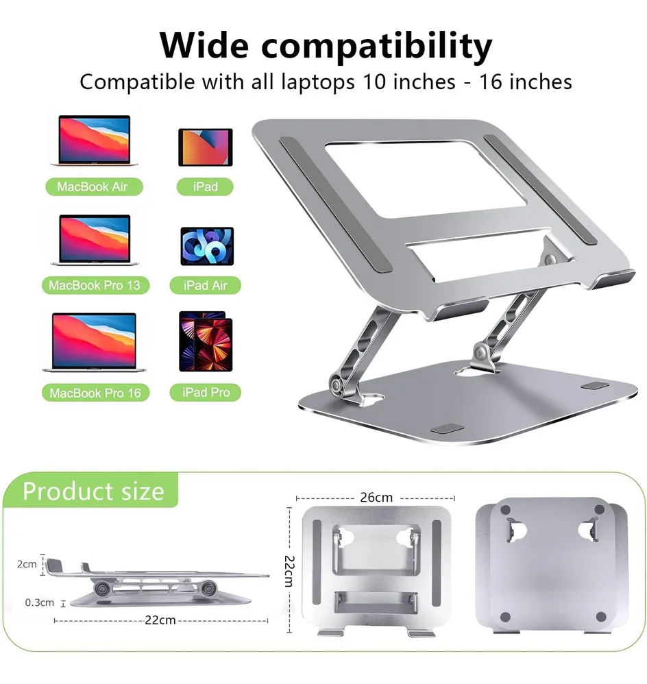 Base metálica plegable para laptop y tablet de 10 a 16 pulgadas en aluminio gris. Medidas: 26 cm de ancho, 22 cm de alto y altura ajustable.