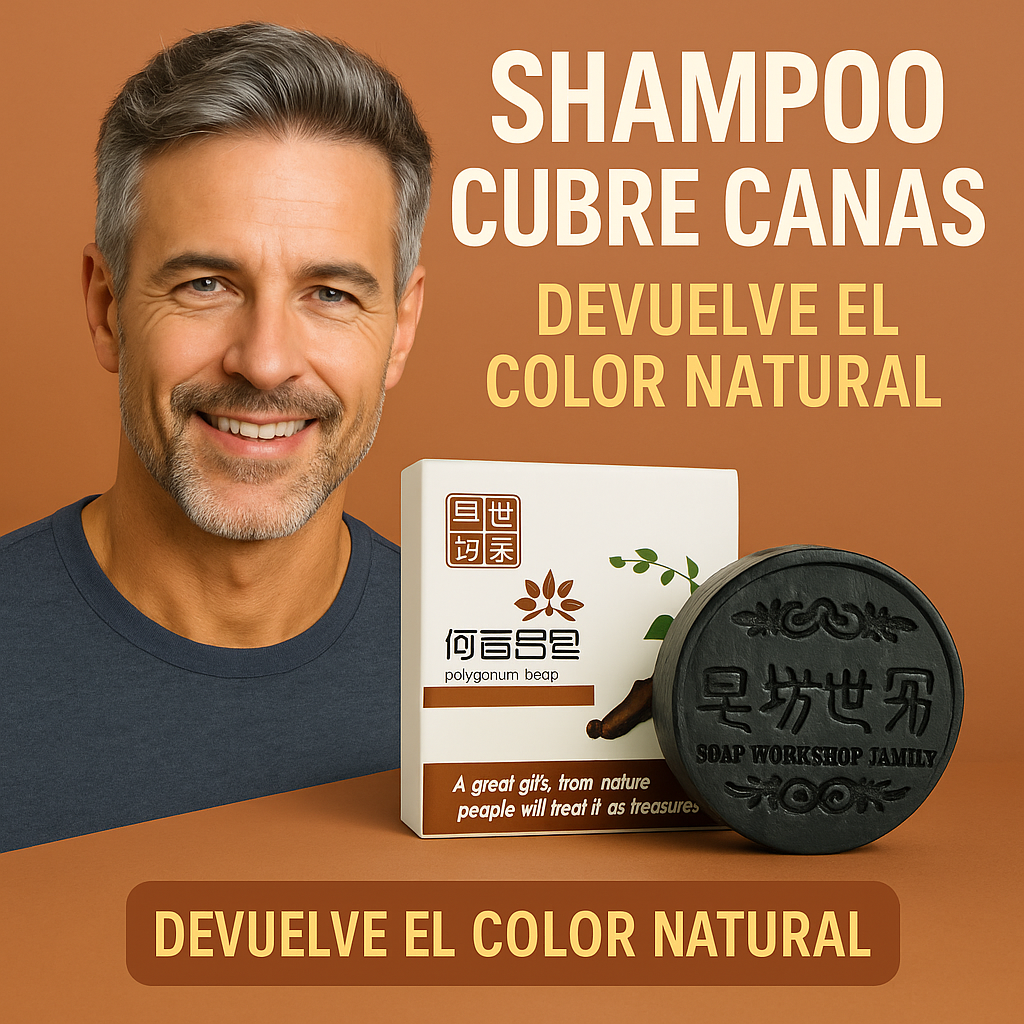 Shampoo en barra cubrecanas con Polygonum, caja blanca y pastilla negra redonda sobre fondo marrón junto a hombre sonriendo.