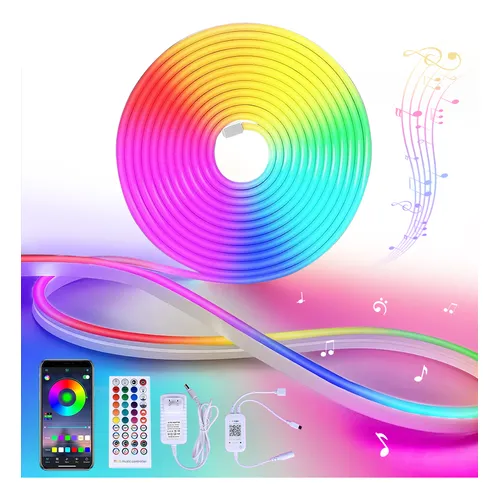 Tira LED neón RGB multicolor en rollo y curva fluida. Incluye control remoto, adaptador, controlador y app móvil con sincronización musical.