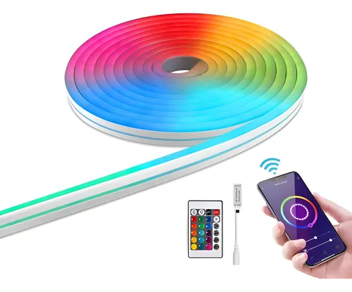 Tira LED Neón RGB flexible multicolor en rollo, incluye control remoto, receptor y control mediante aplicación en smartphone.