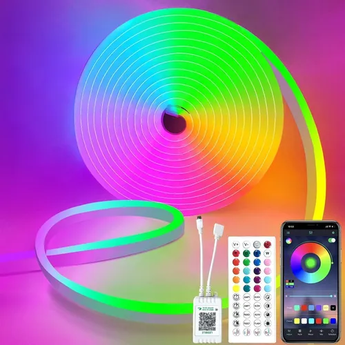 Tira LED neón RGB multicolor en rollo, incluye control remoto, controlador con cables y aplicación móvil para personalizar la iluminación.