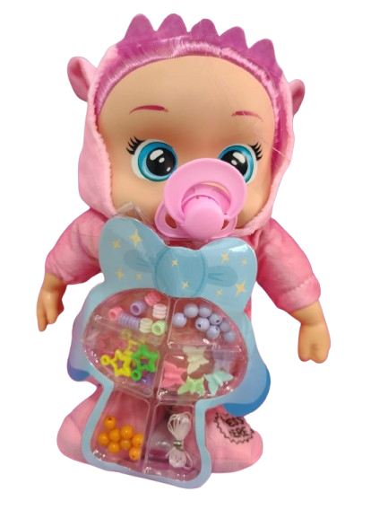 Muñeco bebé llorón rosa con capucha de animal, chupete y estuche frontal transparente con cuentas de colores y accesorios para armar.