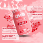 Tarro rosa de gomitas probióticas vaginales con ositos rojos transparentes flotando alrededor y textos informativos en español.