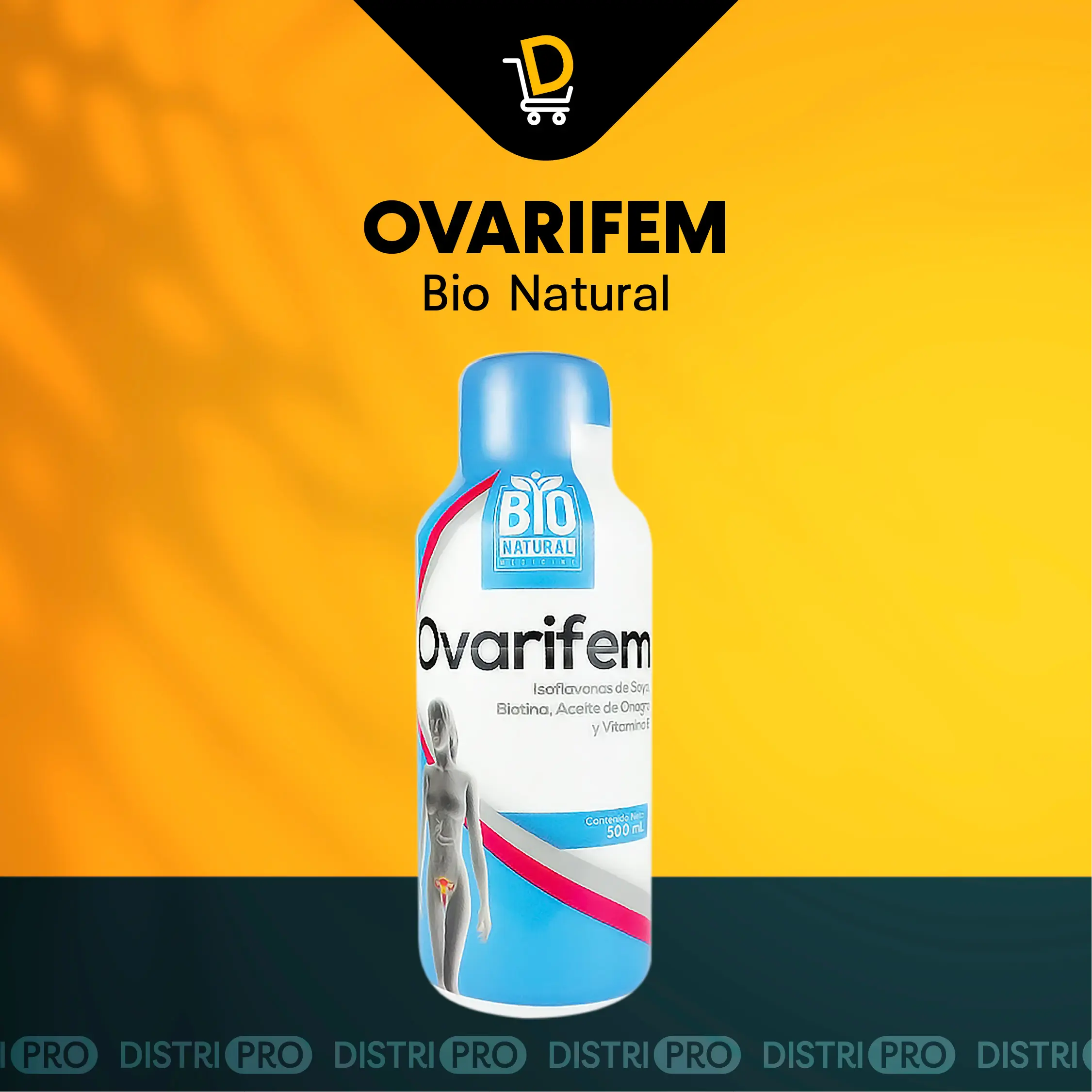 Botella de Ovarifem Bio Natural de 500 ml, jarabe suplemento hormonal femenino con isoflavonas de soya sobre fondo amarillo.