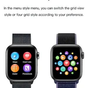 Dos relojes inteligentes con pantalla táctil cuadrada y menús diferentes, uno muestra cuatro aplicaciones en cuadrícula y otro la vista completa en mosaico.