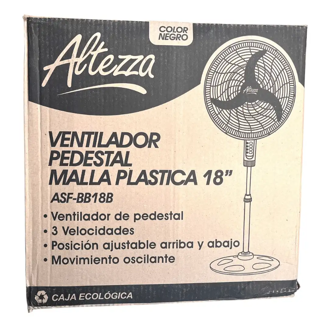 Caja de ventilador de pedestal Altezza de 18 pulgadas, color negro, con malla plástica, 3 velocidades y movimiento oscilante.