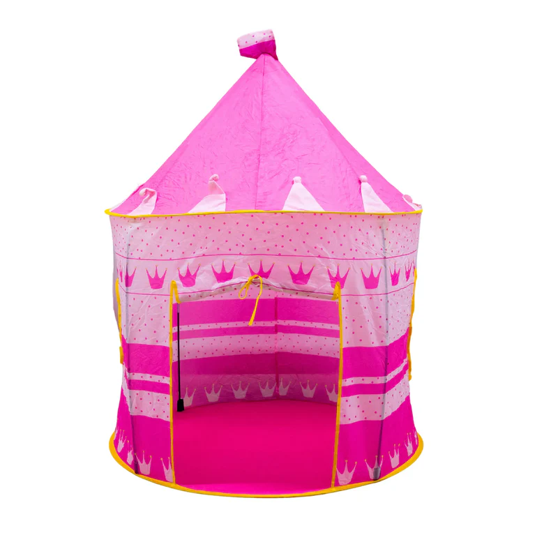 Carpa infantil portátil rosa en forma de castillo con detalles de coronas y diseño plegable sin herramientas para juegos.