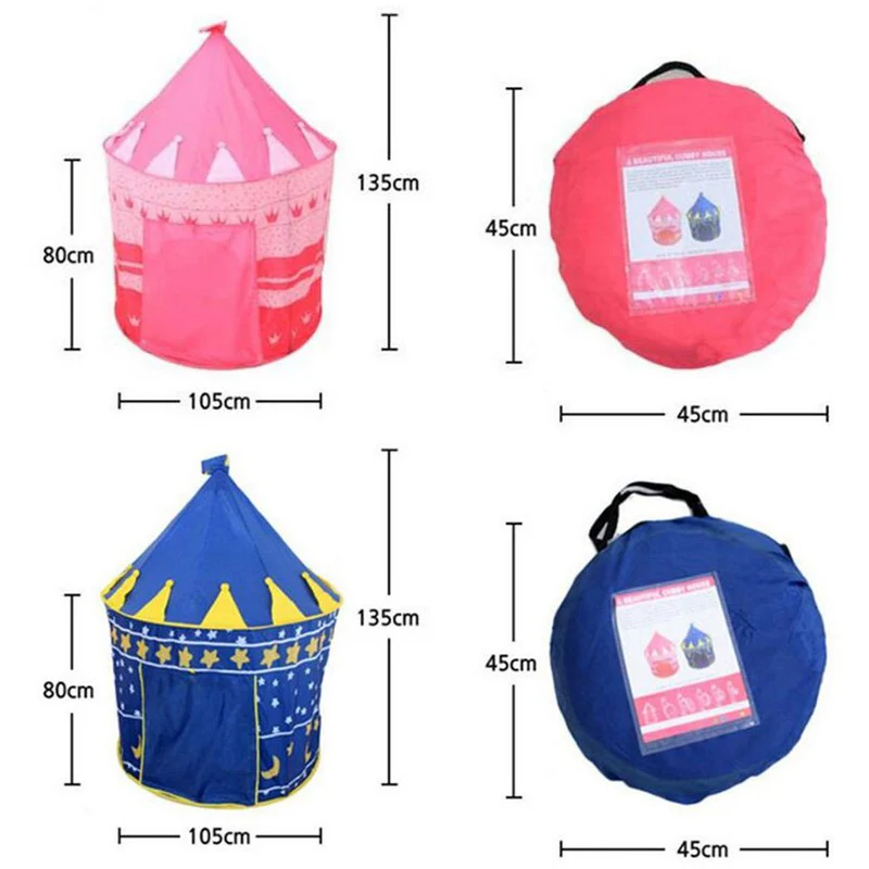 Carpa infantil plegable tipo castillo en colores rosado y azul con medidas de 105 cm de ancho, 135 cm de alto y su respectiva bolsa de transporte redonda de 45 cm.