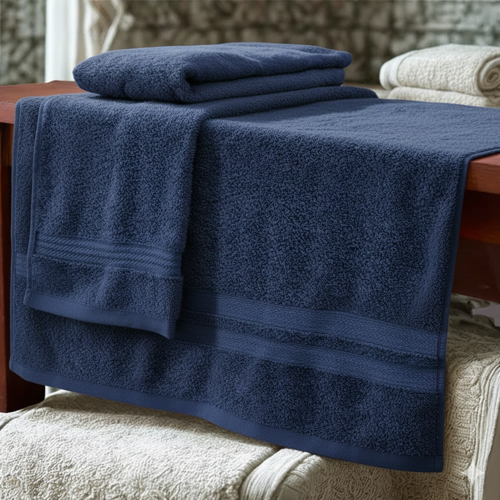 Set de dos toallas hoteleras azul oscuro ligeras de alta absorción y textura suave, dobladas sobre superficie de madera.