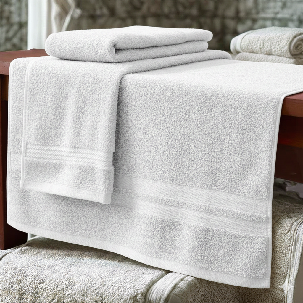 Set de dos toallas hoteleras blancas, ligeras de alta absorción y textura suave, dobladas y extendidas sobre una superficie de madera.