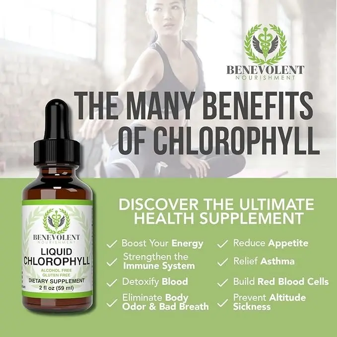 Suplemento líquido de clorofila Benevolent Nourishment en frasco ámbar de 2 oz con gotero, acompañado de beneficios para la salud y mujer haciendo yoga.