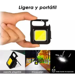 Linterna llavero LED negra, compacta y recargable, con mosquetón, soporte plegable, imán integrado y panel de luz cuadrado de alta intensidad.