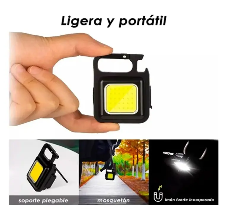 Linterna llavero LED negra, compacta y recargable, con mosquetón, soporte plegable, imán integrado y panel de luz cuadrado de alta intensidad.