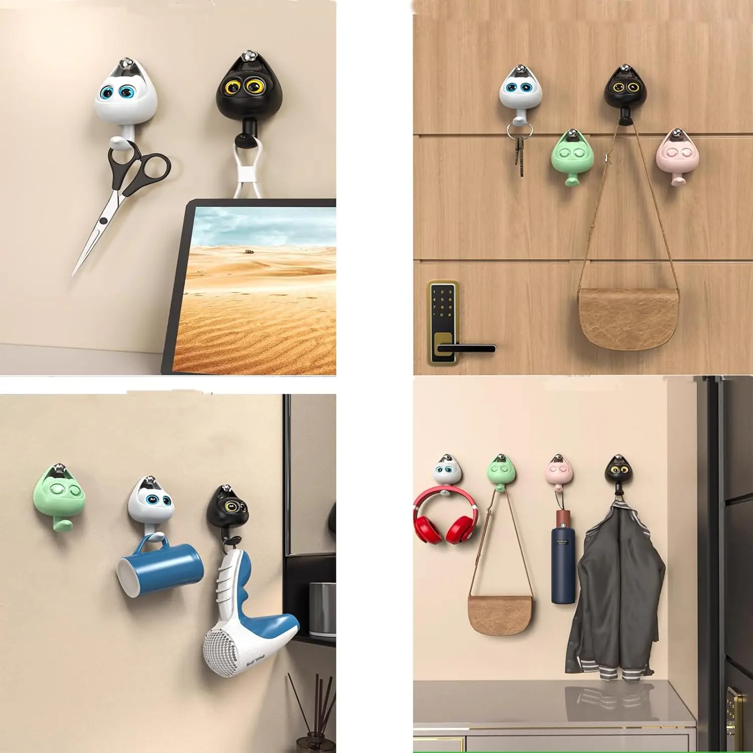 Ganchos adhesivos con diseño de gato en blanco, negro, verde y rosa, usados para colgar llaves, bolsos, tazas y accesorios en diversos ambientes.